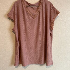 Women’s Beautiful Plus Size Pink Top With Lace Neck And Sleeves, Size 5XL